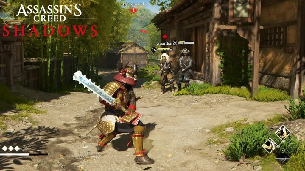 Elementos principais da imagem:
No canto superior esquerdo, está o logo do jogo:
Assassin’s Creed: Shadows, com a palavra "Shadows" em vermelho, destacando o nome da nova entrada da franquia.
Personagem principal em primeiro plano:
Um samurai com armadura dourada e vermelha, empunhando uma espada grande e imponente (com aparência de lâmina serrilhada ou gelada). Ele está em posição de combate.
Inimigos à frente:
Dois guardas com o nível 26 aparecem ao fundo, com barras de vida acima das cabeças. Um deles veste uma armadura preta com máscara e chifres (estilo oni ou samurai demoníaco).
Ambiente:
A ambientação é típica de uma vila japonesa antiga, com casas de madeira, vegetação exuberante e um caminho de terra cercado por bambuzais. O clima é claro e ensolarado.
Interface do jogo:
No canto inferior esquerdo, vemos uma barra de energia ou estamina com quatro losangos preenchidos.
No canto inferior direito, há ícones de habilidades, indicando que o jogador pode ativar movimentos especiais ou usar ferramentas.
Impressão geral:
A imagem mostra claramente a nova abordagem dual do jogo — em que o jogador pode alternar entre um samurai direto e poderoso e, como visto na imagem anterior, uma assassina furtiva. O visual é realista, e o estilo de jogo lembra o combate mais estratégico e cinematográfico que a série vem adotando desde Origins.