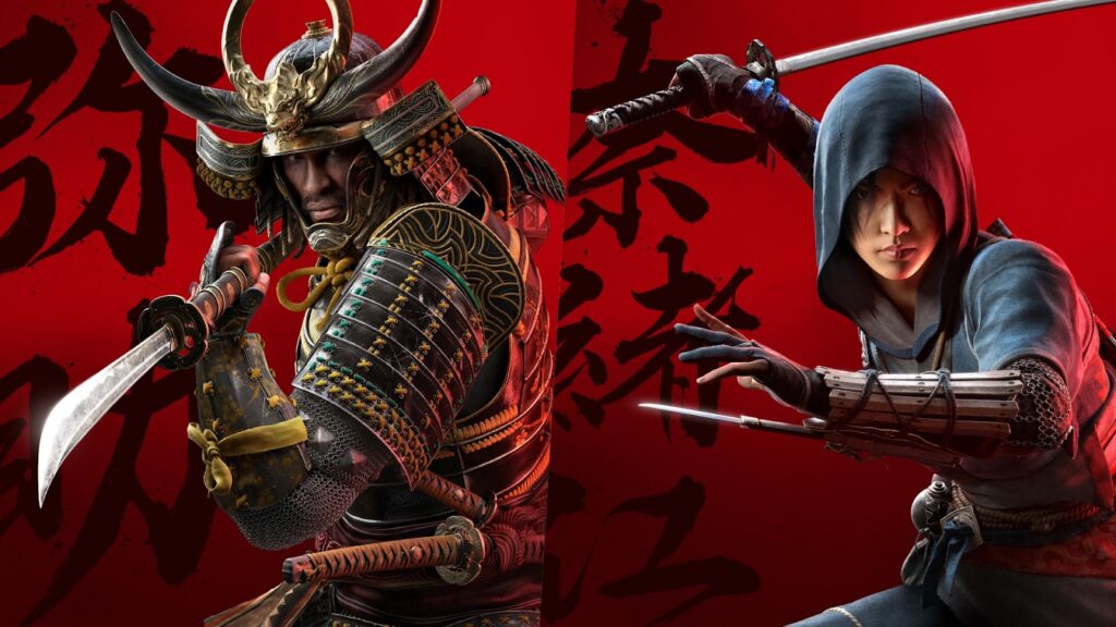 A imagem mostra dois personagens em poses de combate, com um fundo vermelho intenso e kanjis (caracteres japoneses) em preto.
À esquerda, temos um samurai vestindo uma armadura tradicional japonesa rica em detalhes dourados e verdes. Ele segura uma katana em posição de ataque e usa um elmo imponente com chifres e um ornamento dourado de dragão no topo. Sua expressão é séria e determinada.
À direita, há uma ninja (ou shinobi), vestindo um traje escuro com capuz. Ela também empunha uma katana e está em uma postura ágil, pronta para atacar. Seus braços estão equipados com protetores metálicos e cordas, típicos de guerreiros furtivos.